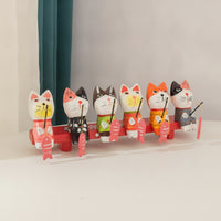 6 Pieces Hand-Painted Cat Statue with Fishing Rod Cute Wooden Cat Figurine Charming Desktop Decoration Compact for Nursery