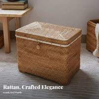 Vintage Design Woven Rattan Chest Decorative Lidded Woven Basket Long-Lasting Household Storage Sturdy Frame for Apartment Dwellers, Gift Givers, Living Room, Bedroom, Closet, Nursery