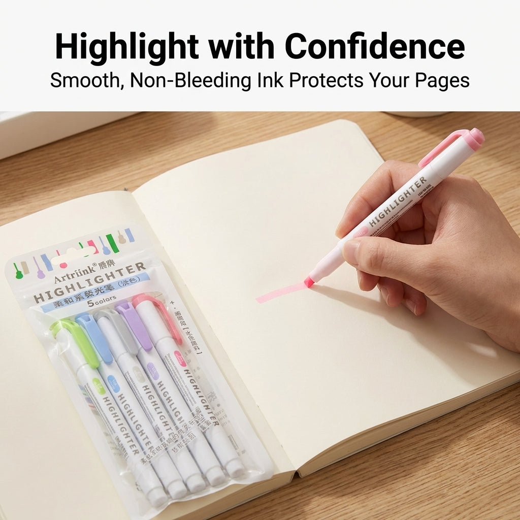 Double Ended Highlighter for Students and Studying Fluorescent Markers for Note Taking, Non-Erasable Barrel, 5 Assorted Pastel