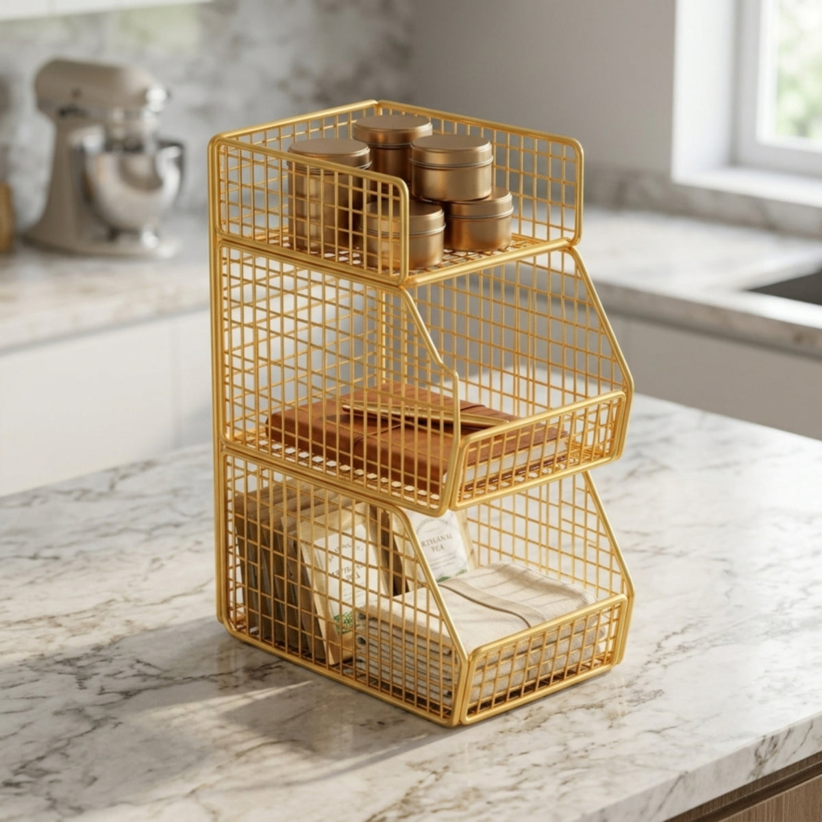 Makeup Organizer with Basket 3-Tier Desktop Storage Rack Simple Style Cosmetic Rack with Tray for Women, Vanity, Washroom Counter, Dressing Table