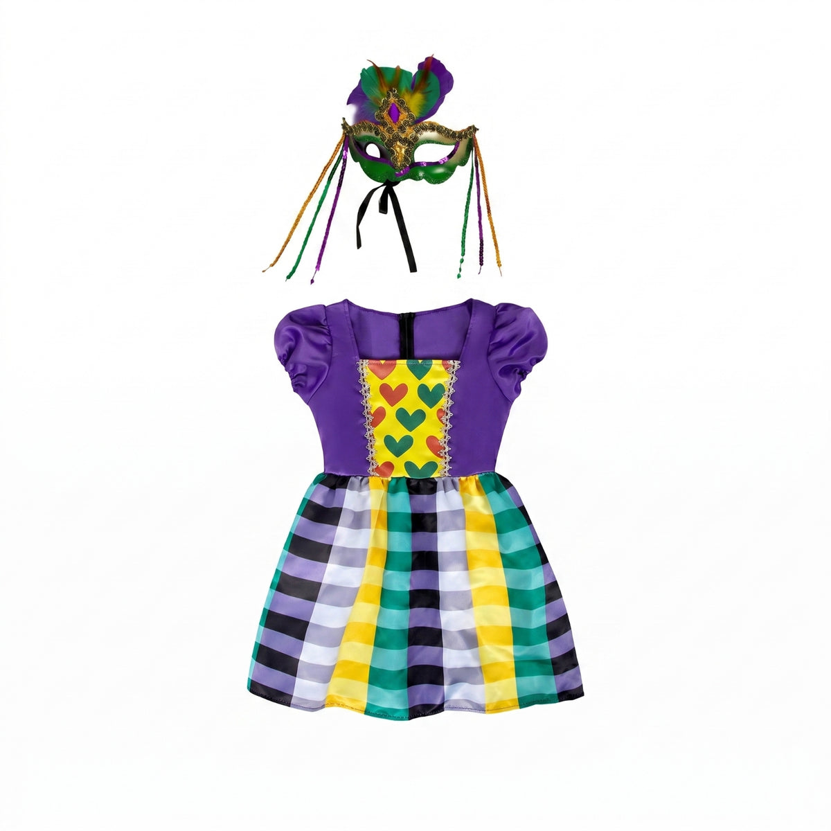 Multicolor Heart Print Carnival Costume Dress Puff Sleeves Plaid Costume Dress Square Neckline Eye Mask Set Glittery