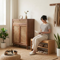 Rattan Shoe Cabinet, Entryway Storage with Bench, Shoe Rack, Solid Wood, Walnut Color, No Assembly Required
