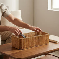Woven Desktop Storage Box Rattan Desk Organizer Compact Rattan Storage Box for Home Office