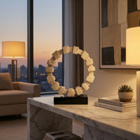 Geometric Circlet Sculpture Travertine-Style Circular Ornament Sculptural Tabletop Decor for Bookshelf, Office Reception