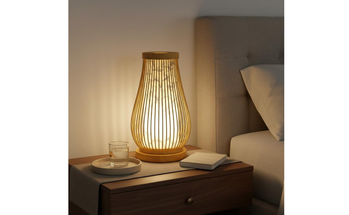 Vintage Look Bamboo Table Lamp Woven Bedside Lamp for Bedroom, Tea Room, Study