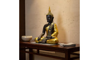 Resin Thai Buddha Sculpture Gold Finish Seated Buddha Figurine Zen Design Home Decor Detailed Craftsmanship for Hotel, Restaurant, Spa, Lounge