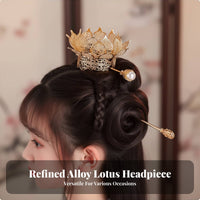 Lotus Flower Hair Crown Color-Preserving Chinese Design Headdress Three-Dimensional Alloy Flower Hair Pin Set for Performances, Festivals