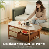 two-level Oval Glass and Rattan Stand Nordic Design Coffee Table Space-Saving Rounded Edges for Living Room, Lounge Area, Office