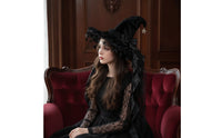 Witch Hat with Lace Trim Handmade Witch Hat with Ribbon Tails Ruffled Costume Headpiece for Cosplayers, Witches, Halloween, Cosplay, Photo Shoots