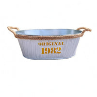 Embossed Lettering Metal Oval Hanging Planter Printed Panels Distressed Metal Planter