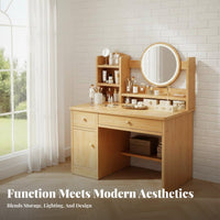 Minimalist Design Dressing Desk with Round Mirror Includes Matching Stool Vanity Set with Lighted Mirror Built-in Storage Makeup Table Rounded Corners for Women, Young Adults, Teenagers, Apartment