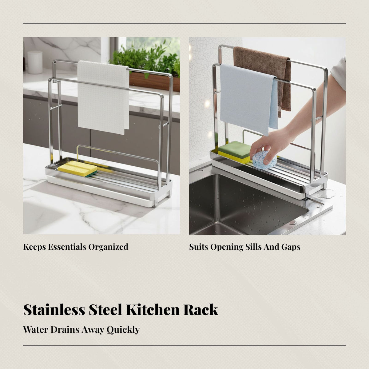 Kitchen Storage Rack, Stainless Steel Sink Gap Organizer for Towels, Sponges, Countertop
