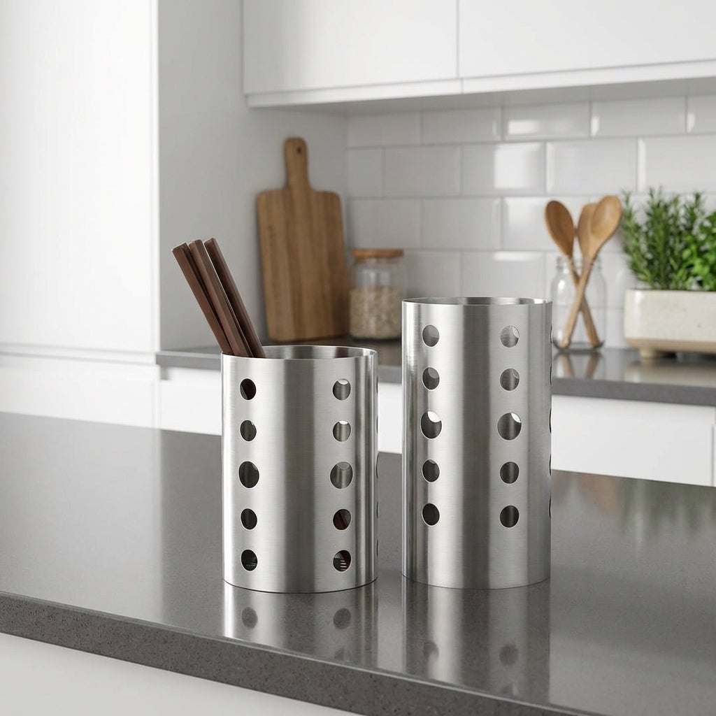 Cutlery Holder and Knife Holder, Stainless Steel Cutlery Organiser with Utensil Drainer, Cylindrical Kitchen Storage with a Raised Base Sink Tidy