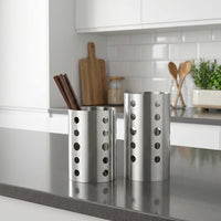 Cutlery Holder and Knife Holder, Stainless Steel Cutlery Organiser with Utensil Drainer, Cylindrical Kitchen Storage with a Raised Base Sink Tidy