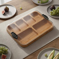 Built-in Compartments Bamboo Serving Tray with Lid Easy-Snap Locking System Divided Food Tray with Handles Food-Safe Safe Reversible Compartment Platter for Party Hosts, Picnic, Potluck