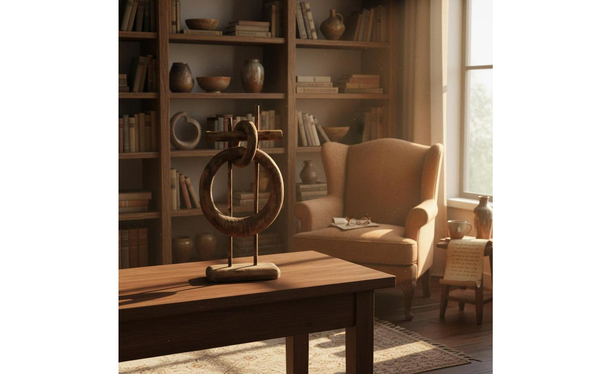 Abstract Wooden Loop Sculpture Handmade Interlocking Rings Table Decor Double Wooden Circle Ornament for Desktop, Living Room, Entryway