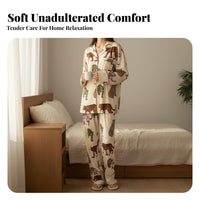 spotted feline Print Button-Front Sleep Suit Long Sleeve for Lounging, Weekends, Adults