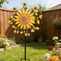 Weather-Resistant Floral Motif Bee Wind Twirler 3D Kinetic Design Metal Floral Motif Wind Twirler Easy Installation Outdoor Decor for Lawn