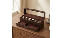Vintage-Style Watch and Jewelry Organizer PU Leather Watch Box with Glass Lid Divided Jewelry Box with Glass Lid Dust-Resistant for Collectors, Dresser, Vanity Table, Closet