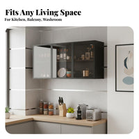 Wall Mounted Storage Cabinet Solid Wood Board Wall Mounted Glass Cabinet Space-Saving Suspended Display Shelf with Doors for Washroom, Balcony