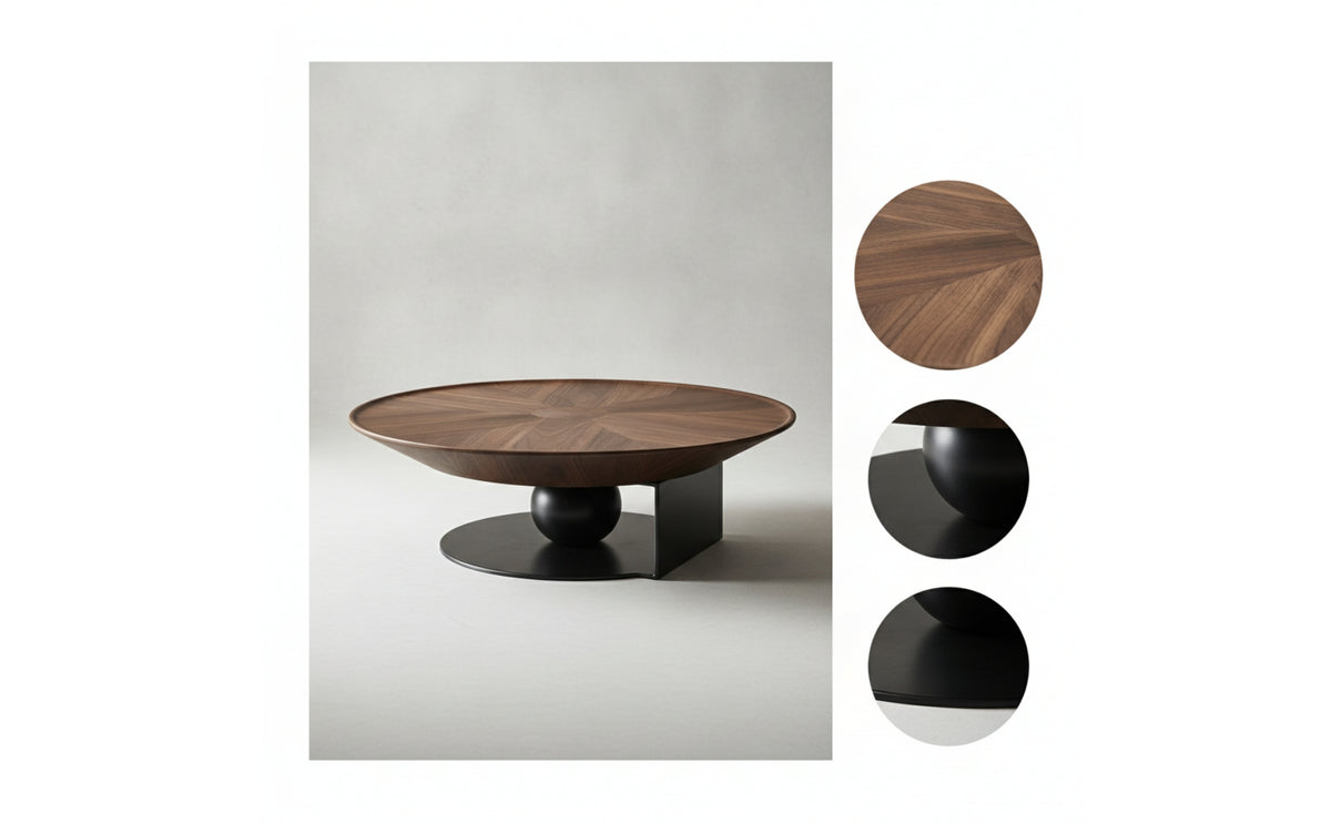 Round Wood Coffee Table Low-Profile Round Coffee Table Sculptural Furniture for Living Room, Lounge Area, Apartment