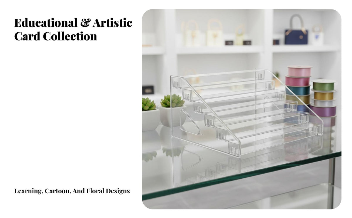 Acrylic Card Display Stand Space-Saving Clear Greeting Card Rack Easy Access Multi-Tier Flashcard Holder for Children, Desktop, Classroom, Home School