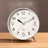 Large Arabic Numerals Desktop Analog Clock Dot Minute Markers Round Desk Clock Tabletop Stand Easy to Read Metal Rim
