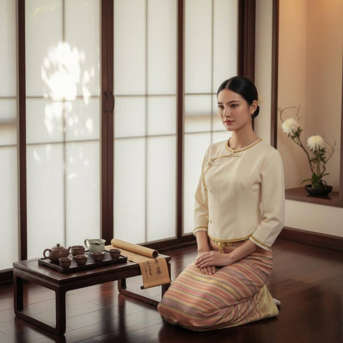 Xishuangbanna Dai Costume, Thai-Inspired Workwear, Elegant Tan Tea Dress, Artistic Photo Outfit