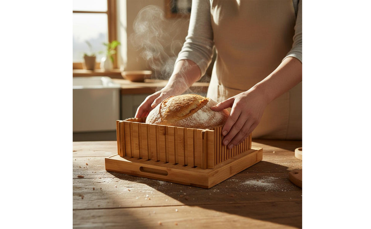 Stable Cutting Slots Bamboo Bread Cutter Easy to Clean Bread Slicing Board with Tray Space Saving Bamboo Toast Cutter for Home, Commercial
