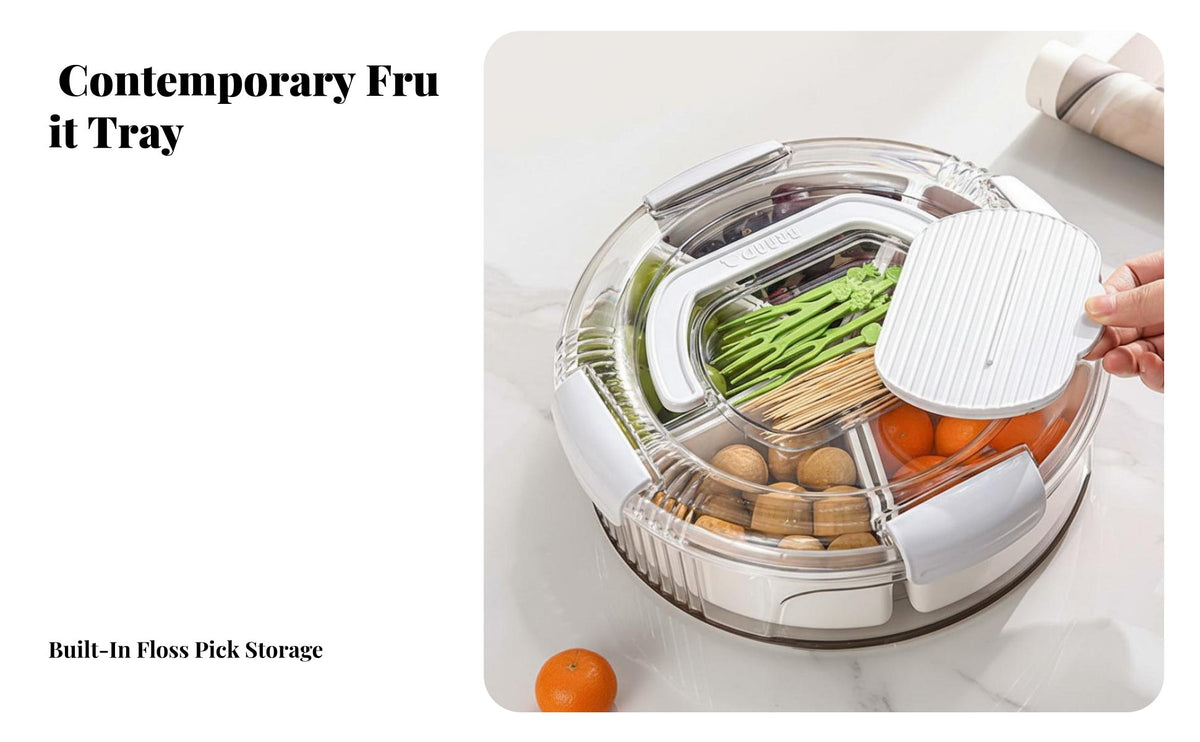 Divided Fruit Platter with Phone Holder 360° Rotatable Design Rotating Snack Tray Dustproof Cover Rotating Snack Box with Lid for Living Room, Parties