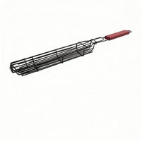 Wooden Handle Wire Mesh Grill Basket Hanging Loop Hinged Grill Basket Rigid Frame Cooking Gear Smooth Grip for Barbecue, Grilling