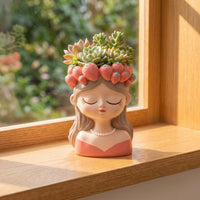 Sculpted Girl Bust Planter Decorative Planter with Pearl Necklace Whimsical Female Face Flowerpot Cute for Plant Lovers, Gardeners, Desk, Living Room, Bedroom, Balcony