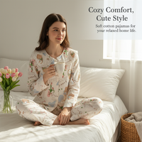 Women's Cloud Cotton Pajama Set with Lamb Embroidery, Long Sleeve Doll Collar Loungewear