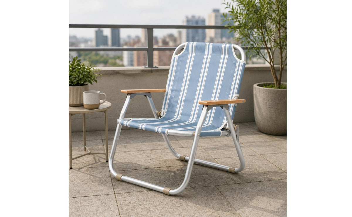 Aluminum Alloy Frame Folding Lounge Chair Wooden Armrests Lounge Camping Chair Curved Back Outdoor Furniture Textile Seat