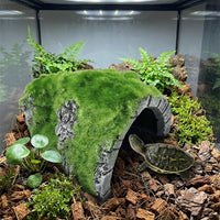 Moss Flocked Aquarium Cave, Realistic Resin Turtle and Snake Accessories for Vivarium, Average-sized Vertical Rock Shelter for Reptiles