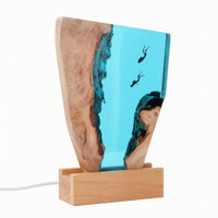 Ocean-Inspired Epoxy Night Light with Wood Base Aquatic Epoxy Resin Night Light Faceted Resin Wood Lamp Irregular for Shelf