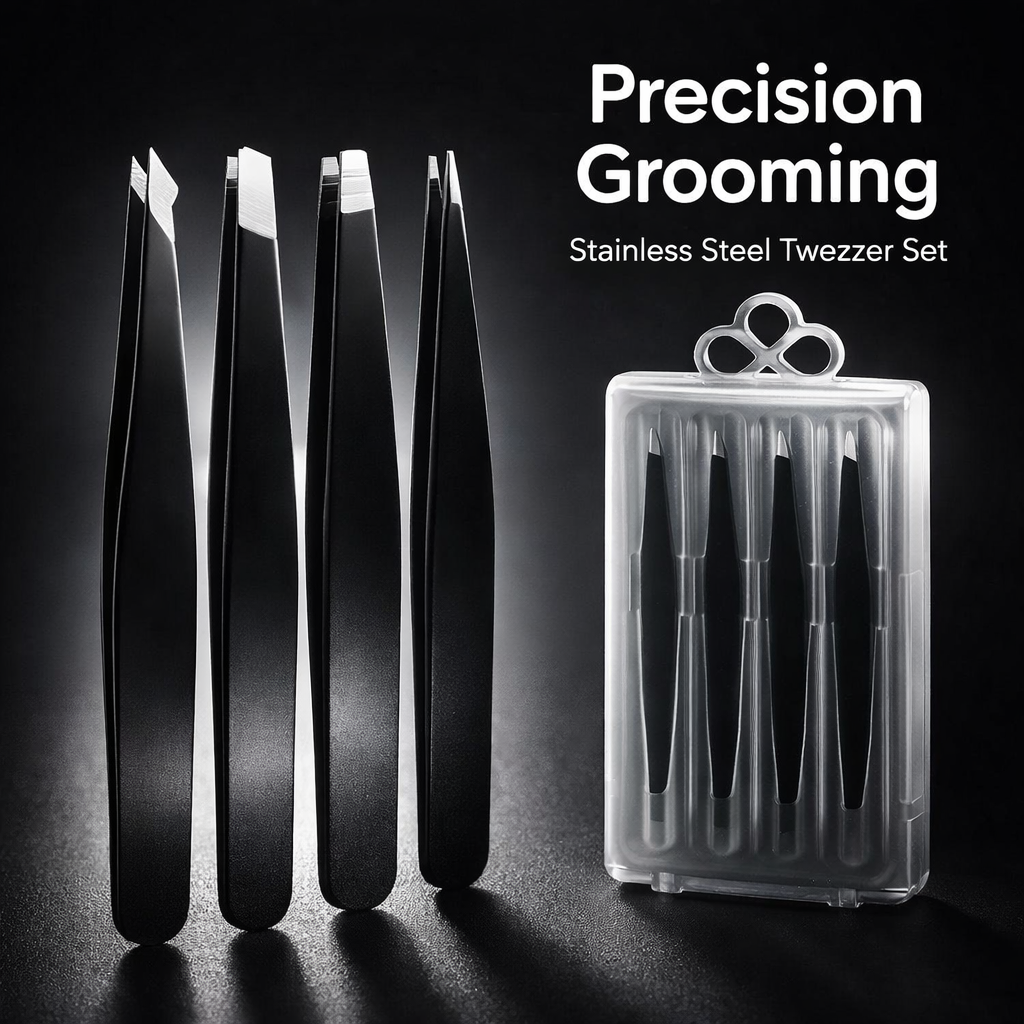 4 Piece Stainless Steel Tweezers Set for Women Slant Tip Plucker for Eyebrow Shaping and Splinter Removal Kit with