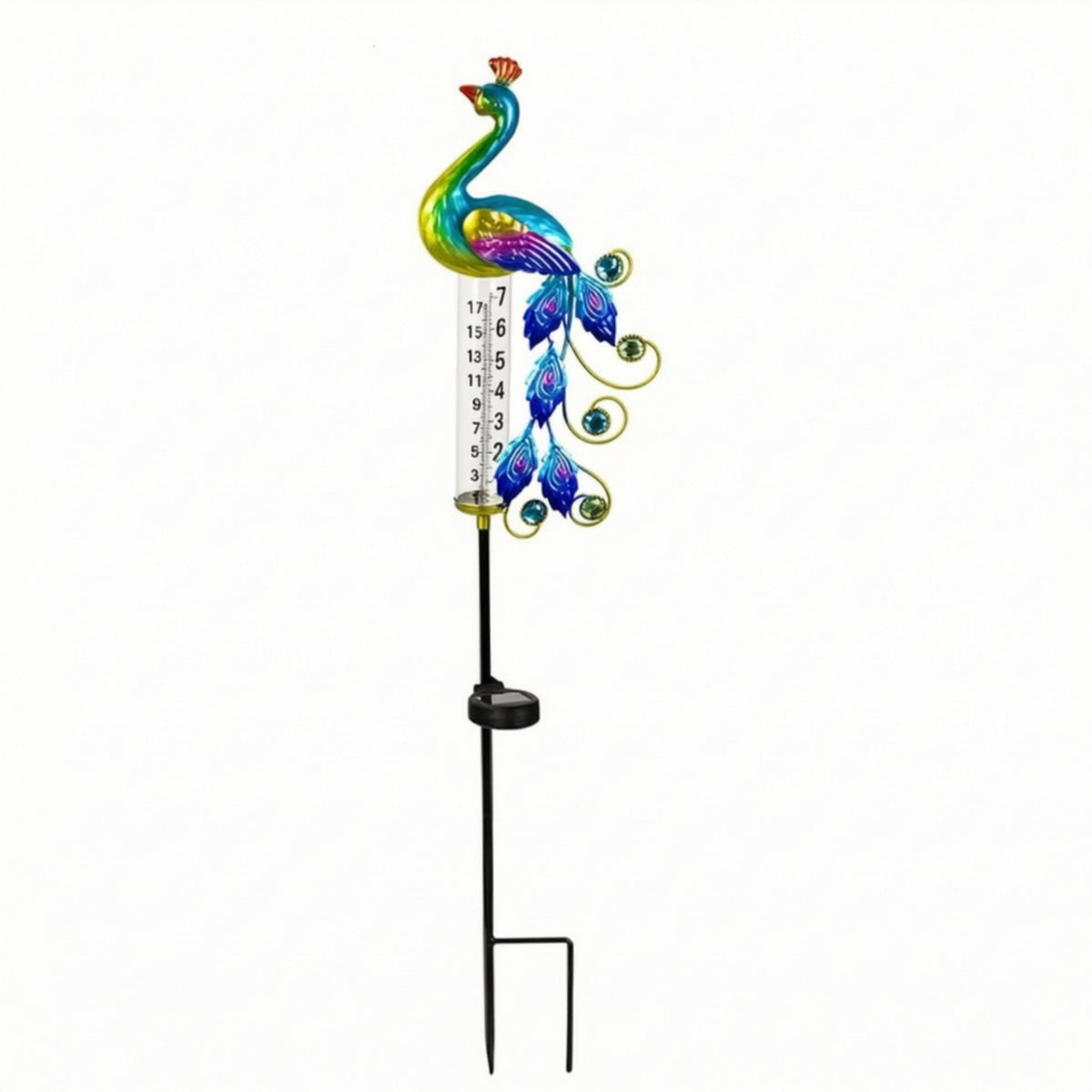 Decorative Peacock Rain Gauge Stake Outdoor Rain Gauge with Solar Light Waterproof Yard Ornament Metal for Homeowners