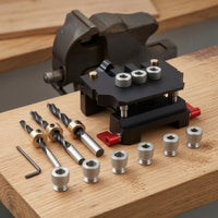 Aluminum Alloy Board Joint Drilling Jig Black Finish Auto-Centering Drilling Jig Red Adjustment Knobs Hole Aligner Knurled Metal Bushings