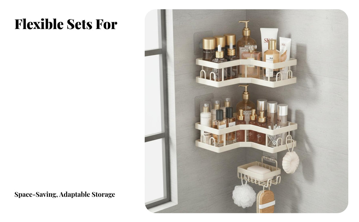 Drillwithout Charge Installation Adhesive Shower Organizer Set No Drilling Adhesive Corner Shelf Set Waterproof Bathroom Fixture Hollow Drainage Design for Homeowners, Families, Students, Restroom, Kitchen