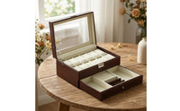 Two-Tier Watch Box with Drawer Compartmented Jewelry Box with Glass Lid Rectangular Watch Display Case with Glass Lid Padded for Dresser, Vanity Table