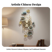 New Chinese Design Clock Non-Ticking Metal Ginkgo Leaf Clock Light High-End Design 3D Iron Art Timepiece for Interior Designers, Adults, Entryway
