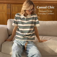 Striped Tennis Shirt for Women with Loose Fit Design, Short Sleeve Blend Top for Summer, Casual Stripy Pattern Tee, Relaxed Style