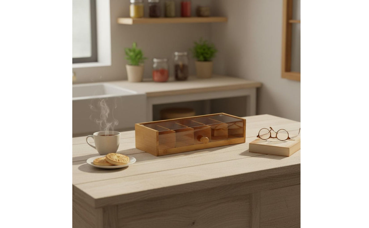 Flip-Top Design Clear Lid Tea Storage Organizer 5 Compartment Tea Bag Holder for Kitchen