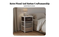 Narrow Bedside Storage Cabinet with Woven Baskets Solid Wood Frame Drawer Space Saving Nightstand for Bedroom, Living Room, Hallway
