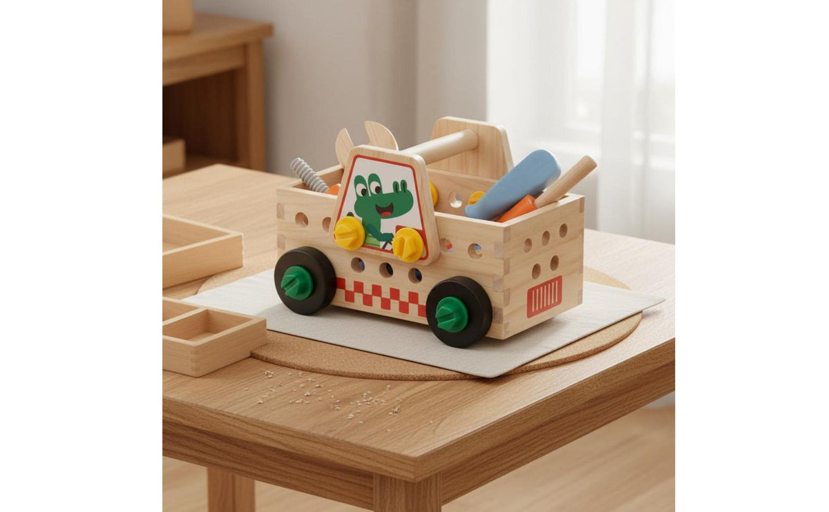 Wooden Truck Tool Set Fine Motor Skills Wooden Tool Truck Toy Built-in Storage Pretend Repair for Preschoolers, Young Children, Kindergarten