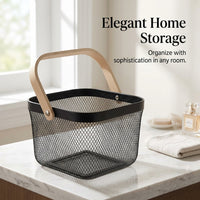 Bathroom Storage Basket with Wooden Handle for Kitchen and Fruit Organization, Stainless Steel Mesh for Vegetables, Nordic Organizer