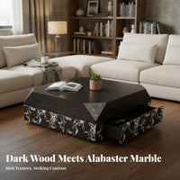 Minimalist design rotateing Storage Table Marble Pattern Top Living Room Furniture Wood Grain Finish Rotatable Design for Homeowners, Apartment Dwellers, Families, Lounge Area