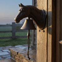 Hand-Pull Horse-Head Bell Vintage Cast Iron Entry Bell Sculpted Entryway Fixture Dark Metal Finish for Doorway