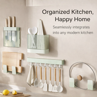 Wall Mounted Kitchen Organizer No Drill Storage Rack with Utensil Holder, Rack, Spice Rack, Chopstick Holder and Pot Lid Organizer for